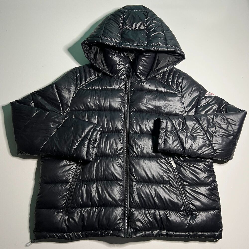 Guess Black Glossy Puffer Jacket XL Hooded Full Zip Logo Patch Winter Jacket